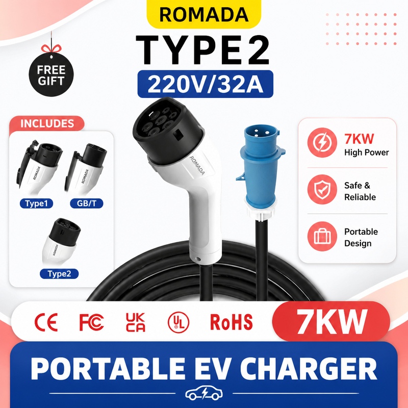7KW ROMADA Electric Vehicle Po - огляд і ціна Portable Ev Charger 32A Type 2 Cee Plug